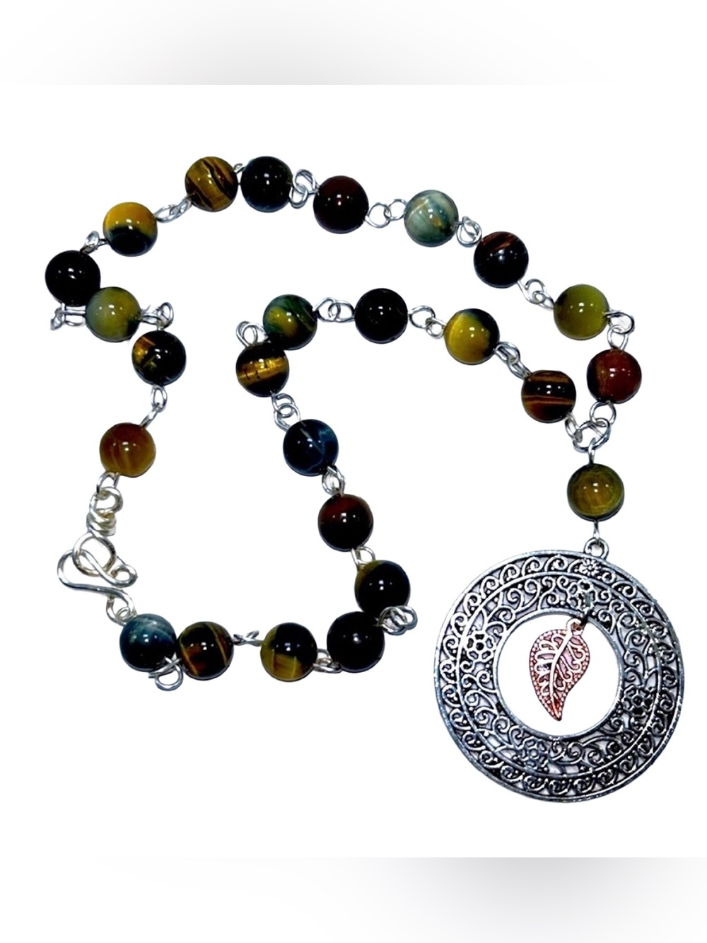 Handmade Autumn Joy Round Pendant Necklace with Natural Tiger Eye Stones!
